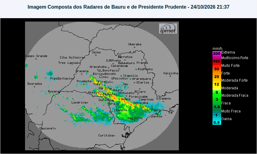 Radar IPMet, composto de Bauru e Presidente Prudente, imagem de 24/10/2026, 21:37, cobrindo todo o estado de São Paulo