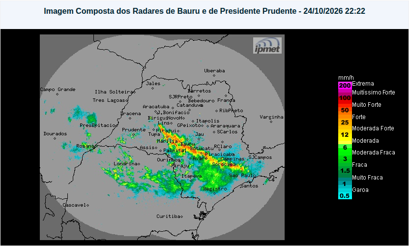 Radar IPMet, composto de Bauru e Presidente Prudente, imagem de 24/10/2026, 22:22, cobrindo todo o estado de São Paulo