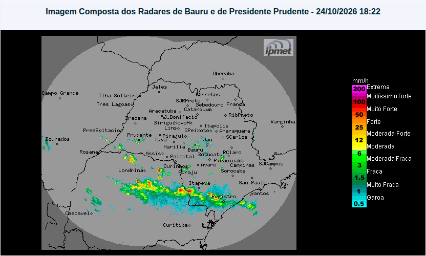 Última imagem válida de Radar IPMet, composto de Bauru e Presidente Prudente, coletada em 24/10/2026, 18:29