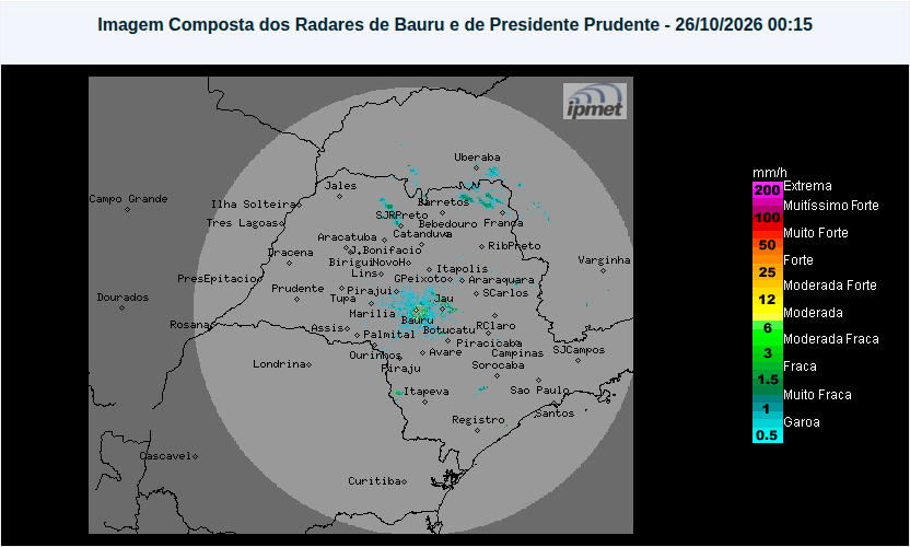 Radar IPMet, composto de Bauru e Presidente Prudente, imagem de 26/10/2026, 00:15, cobrindo todo o estado de São Paulo